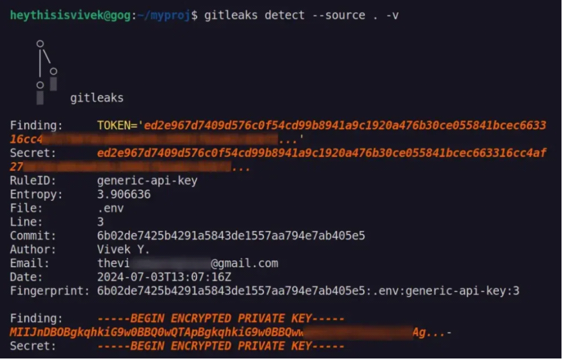 Gitleaks가 소스코드에서 API 키와 비공개 키를 탐지한 스캔 결과